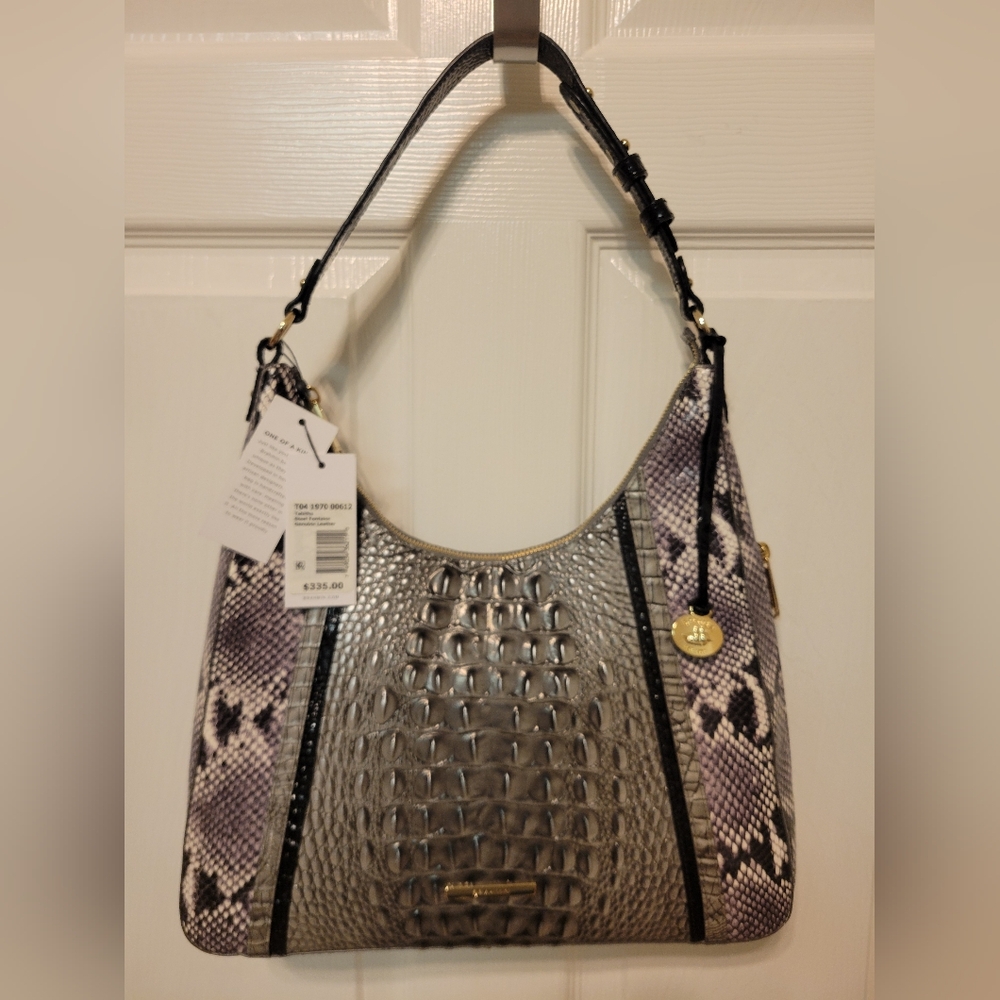 Brahmin Gray and Lilac Snakeskin-Print Shoulder Bag